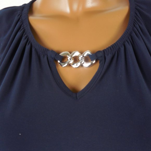 NOTATIONS Top M Navy Blue Shirt Stretch Sleeveless - Picture 3 of 7